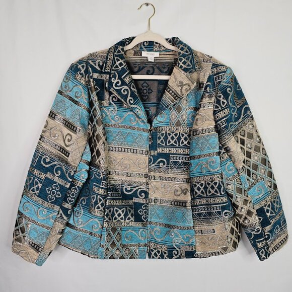 DRESS BARN WOMAN Tapestry Blazer Jacket TEAL BLUE MULTI Plus size 3X Art to Wear - Picture 2 of 8